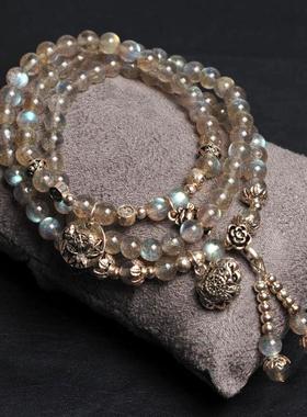 小众灰月光石多层银饰设计款手链