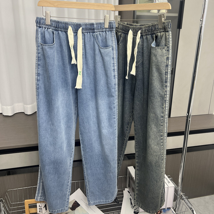 日系！春夏男士外贸宽松直筒潮流阔腿休闲抽绳松紧腰百搭牛仔裤,男装,牛仔裤,淘宝优惠券,粉丝福利购,淘宝优惠卷