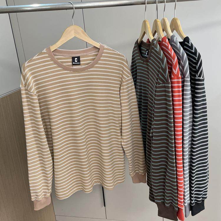 条纹控速入！德绒针织亲肤弹力！秋冬男士外贸休闲百搭长袖T恤潮,男装,T恤,淘宝优惠券,粉丝福利购,淘宝优惠卷
