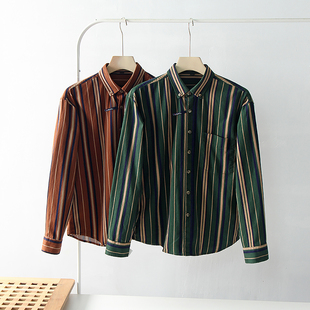 水洗纯棉 衬衫 外贸男装 休闲条纹长袖 衬衣 春秋时尚 日系文艺复古