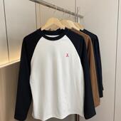 情侣款 T恤 秋冬男女外贸舒适港风圆领长袖 双面德绒 撞色插肩袖