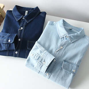 男士 春季 外贸休闲工装 口袋牛仔长袖 设计师线 衬衫 重工多次水洗