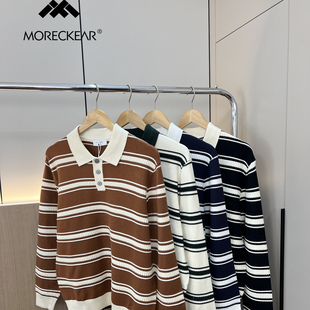 秋冬百搭条纹宽松针织POLO衫 外贸男装 毛衣潮 复古文艺 设计师线