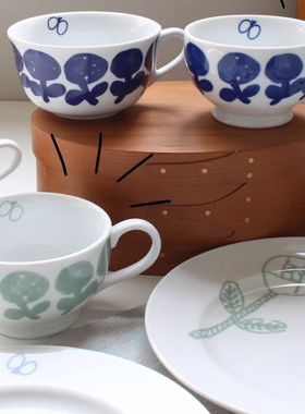 日本mina perhonen 皆川明联名合作家款手绘蓝花绿花杯餐具现货