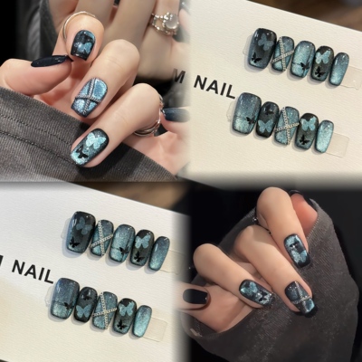 手工秋冬爆闪猫眼渐变蝴蝶链条暗黑甜酷美甲高级穿戴甲2025新款