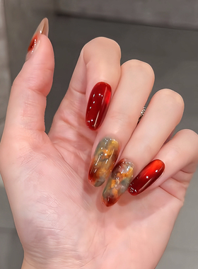 手工秋冬敦煌少女红色圣诞玻璃珠晕染显白高级感穿戴甲长款2025