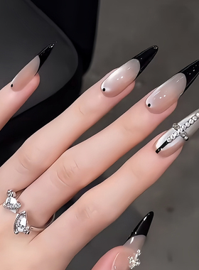 手工秋冬黑色克罗心法式玻璃珠猫眼美甲穿戴甲长款2025新款高级感