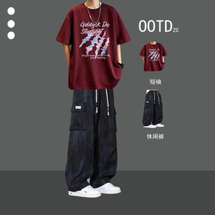 青少年2026夏季短袖男装大学生潮流酷帅套装短袖长裤休闲两件套潮