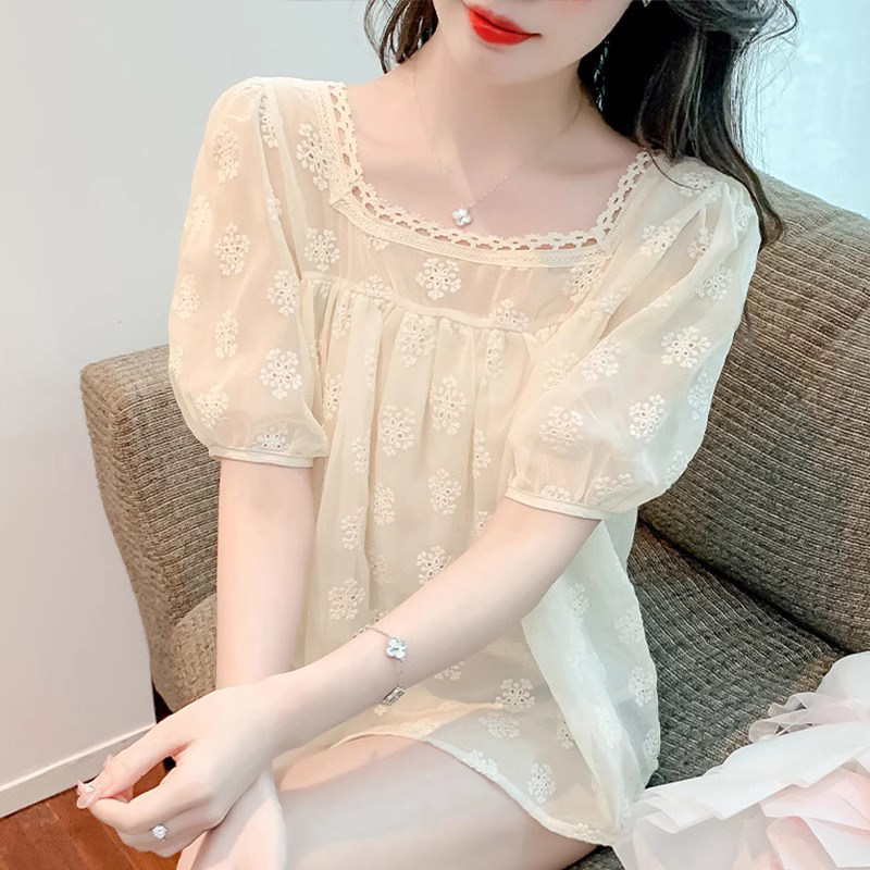 雪纺衫短袖t恤女夏季薄款2026新款宽松显瘦时尚气质印花小衫上衣