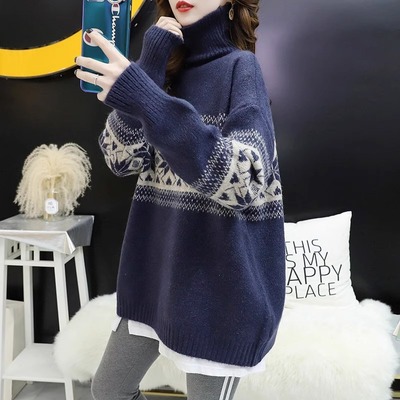 高领毛衣女2025新款秋冬大尺码宽松显瘦中长版慵懒风加厚针织衫外