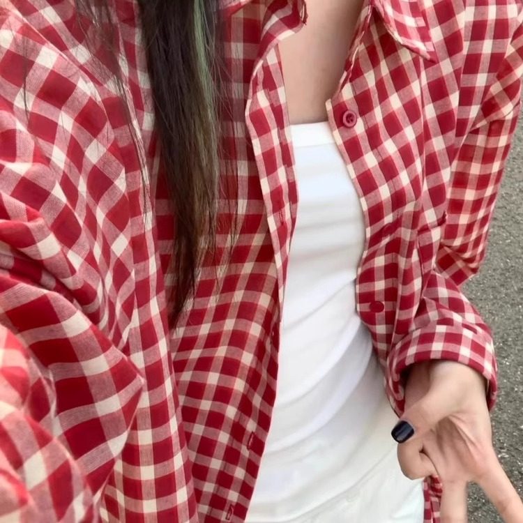 格子衬衫女士长袖春秋薄款2026新款高级感宽松慵懒风衬衣外套上衣