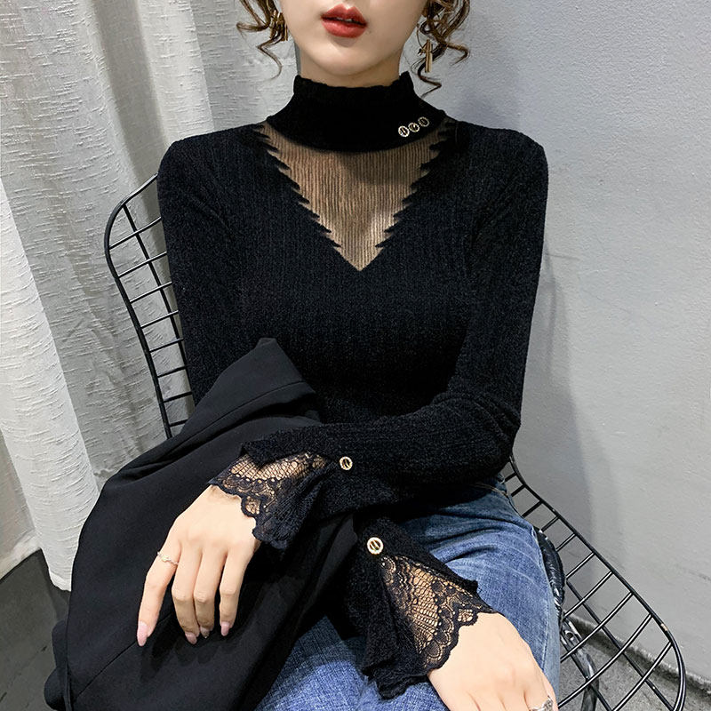 半高领蕾丝打底衫女内搭春秋新款长袖修身薄款洋派毛衣针织上衣女