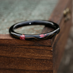 非遗大漆天然漆器手镯女手绘红色睡莲黑色光面手环复古新中式镯子