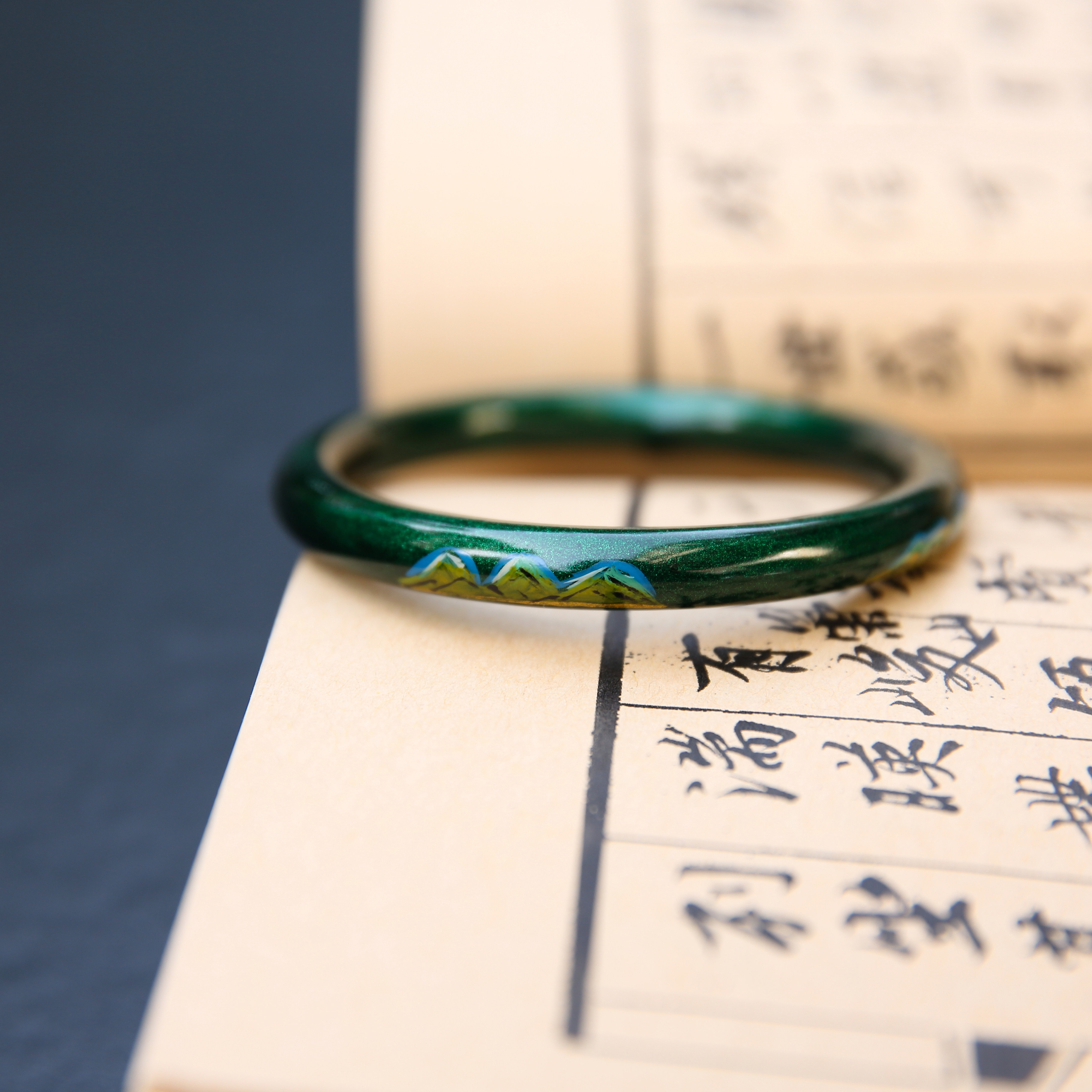 非遗大漆手镯千里江山漆器轻奢天然漆器流沙金绿色男女礼物送老外