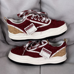 男学生百搭休闲板鞋 国潮男鞋 ins潮牌小众复古厚底增高酒红溶解鞋