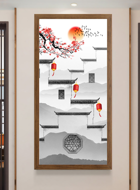 新中式风街景玄关壁画过道墙贴纸