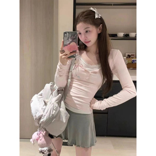 浅粉色蕾丝花边单穿上衣纯欲假两件打底内搭长袖T恤女短款修身秋