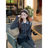 miu系上衣设计感格子拼接polo领长袖 韩系修身 针织衫 女2025新款