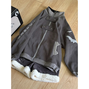 日系y2k立领卫衣女亚比风超火外套加绒加厚开衫蝙蝠印花设计宽松