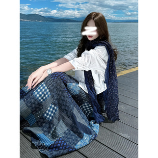 复古文艺格子拼接民族风半身裙古镇棉麻裙子松紧腰半裙中长裙春秋