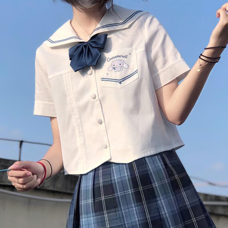 梗の豆联名冈梨田jk制服玉桂狗短袖衬衫刺绣水手服百搭衬衣女日系