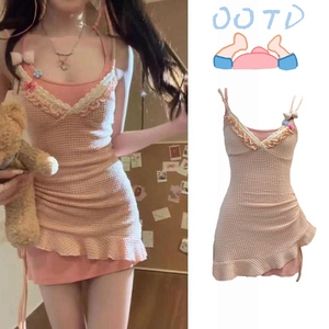 日系甜美纯欲少女蕾丝花边吊带连衣裙不规则叠穿抽绳显瘦两件套夏