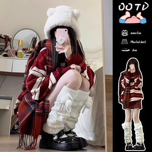 软糯慵懒风美式红色条纹针织衫毛衣女圆领长袖圣诞学院风秋冬大码
