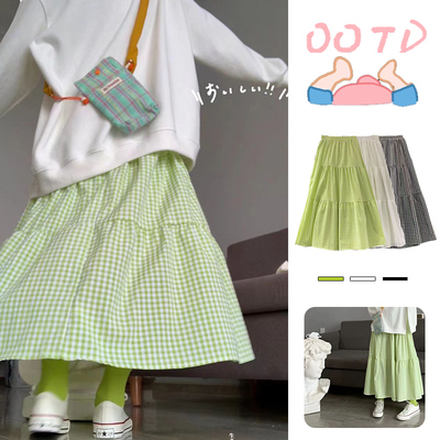 好清爽的颜色！！显白绿格裙子