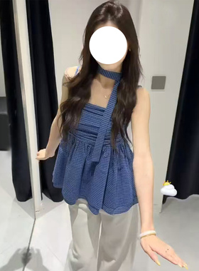 韩系复古蓝色格子褶皱吊带背心上衣女chic风遮肚背心娃娃衫无袖夏
