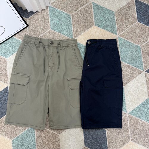 韩单尾货夏季男士短裤棉布工装多兜松紧腰纯色百搭五分直筒男短裤