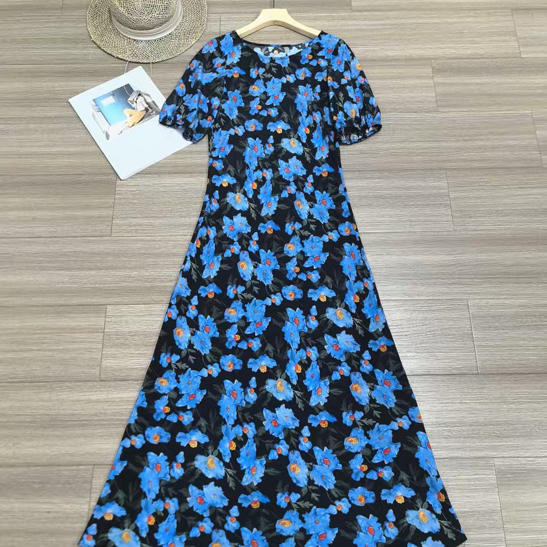 尖货2025春夏新款莫奈花园印花桑蚕丝斜裁圆领短袖连衣裙气质长裙