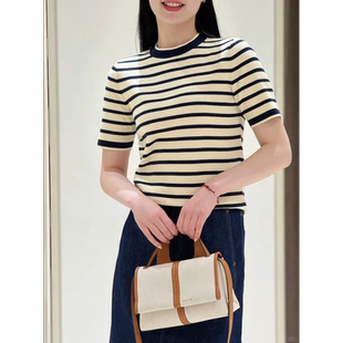 T恤女春IH 粉丝福利139 2024海军蓝条纹上衣小香风针织开衫 短袖