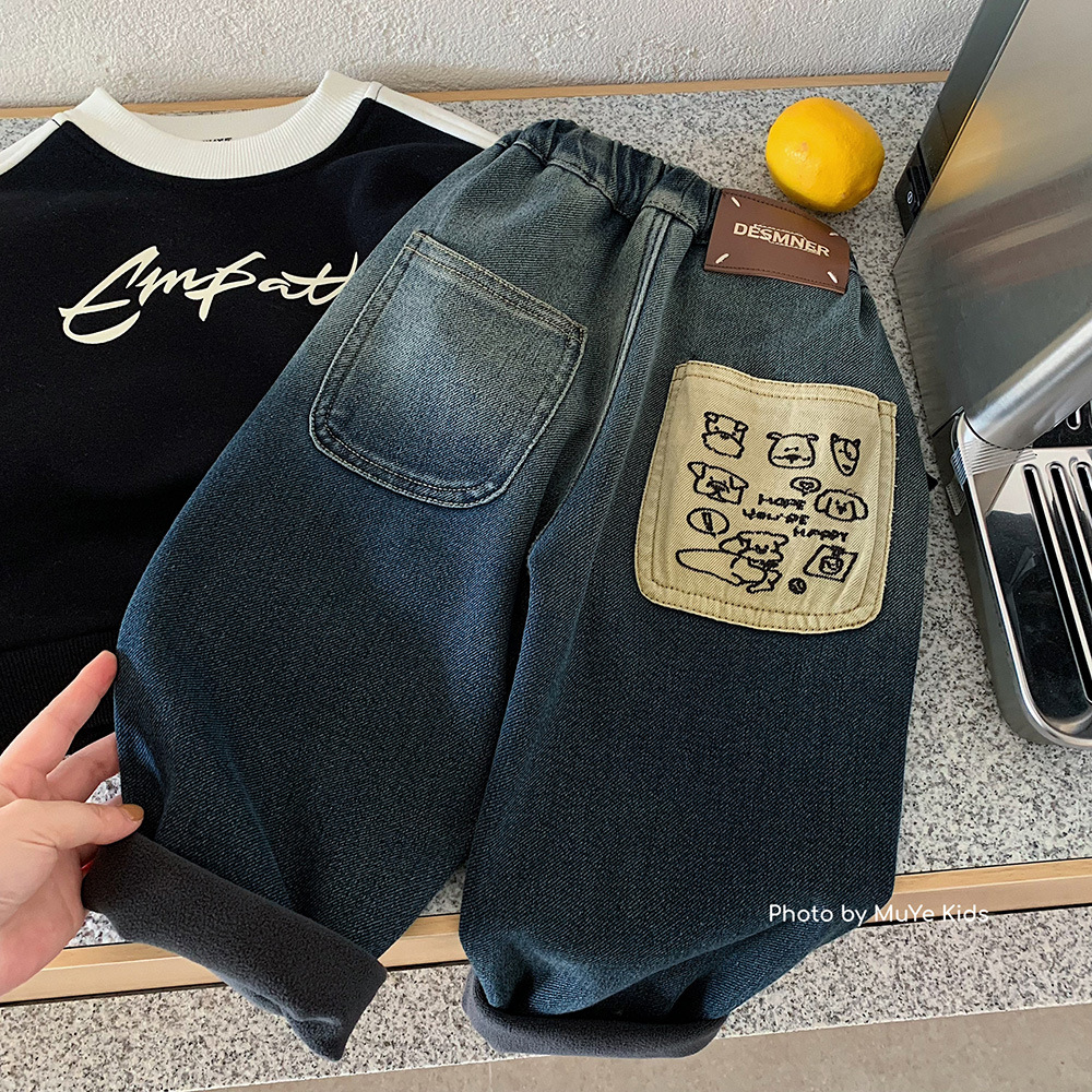 木野儿童冬季加绒牛仔裤湖州织里童装男童韩版百搭长裤加厚休闲裤