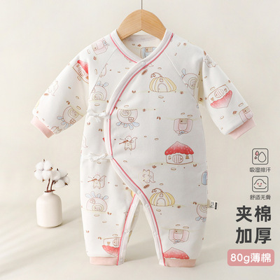 80克薄棉婴儿连体衣秋冬款夹棉保暖宝宝衣服春秋季新生儿蝴蝶衣