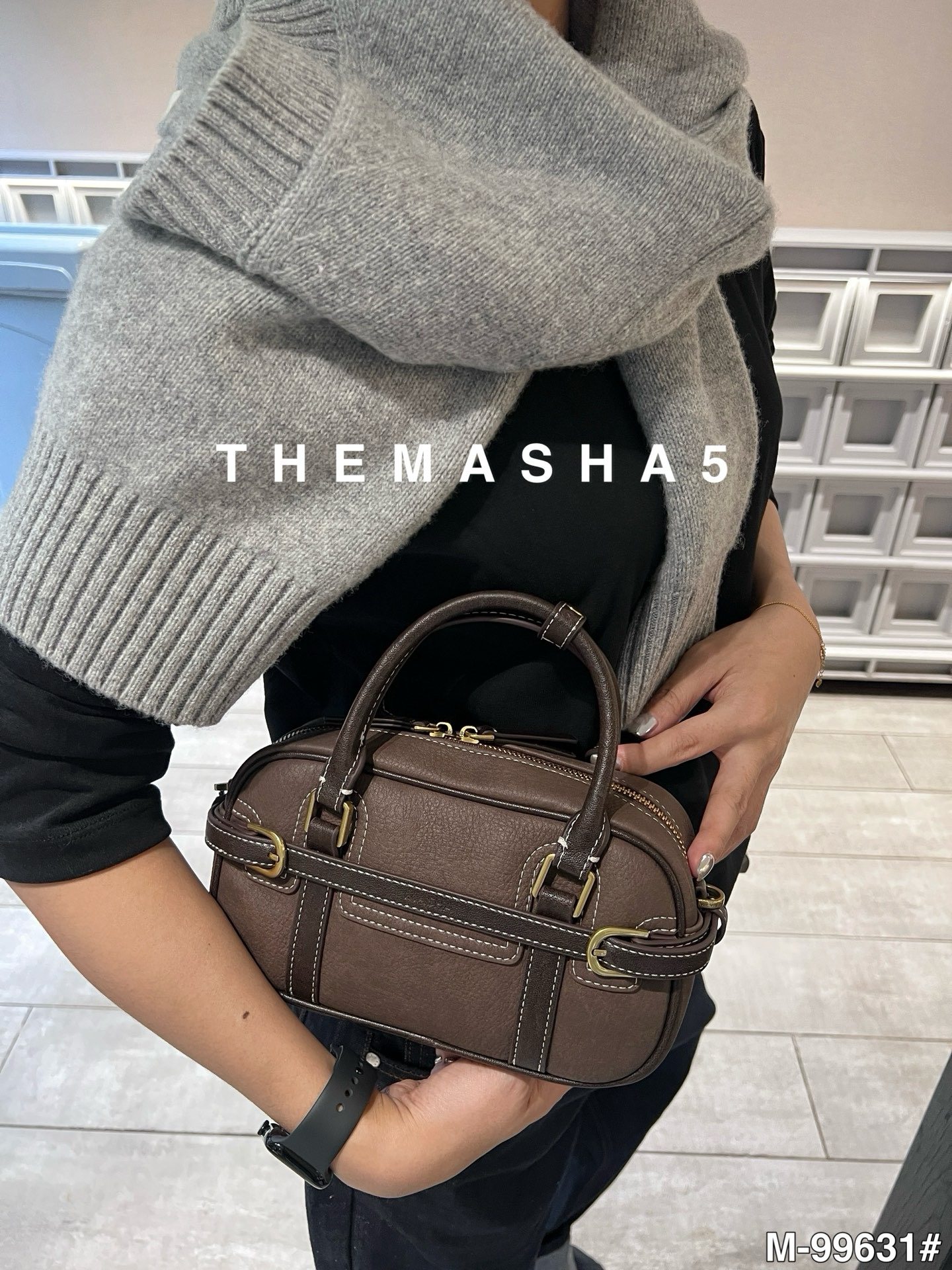 玛莎2026新款女包荔枝纹手提皮带保龄球包时尚百搭单肩斜挎包小包