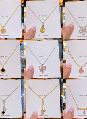 气质轻奢满钻四叶花彩色蝴蝶结钛钢项链女小众百搭时尚锁骨链批发