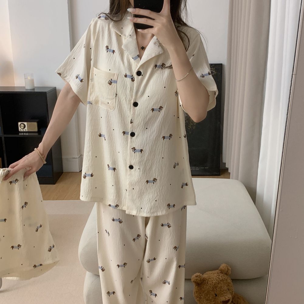 带胸垫云朵棉质睡衣女短袖2026夏款三件套可爱腊肠狗开衫家居服夏