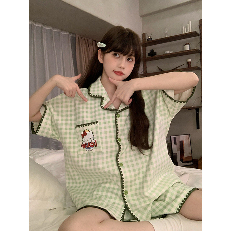2026新款睡衣女夏季短袖短裤甜美卡通可爱格子薄可外穿家居服套装