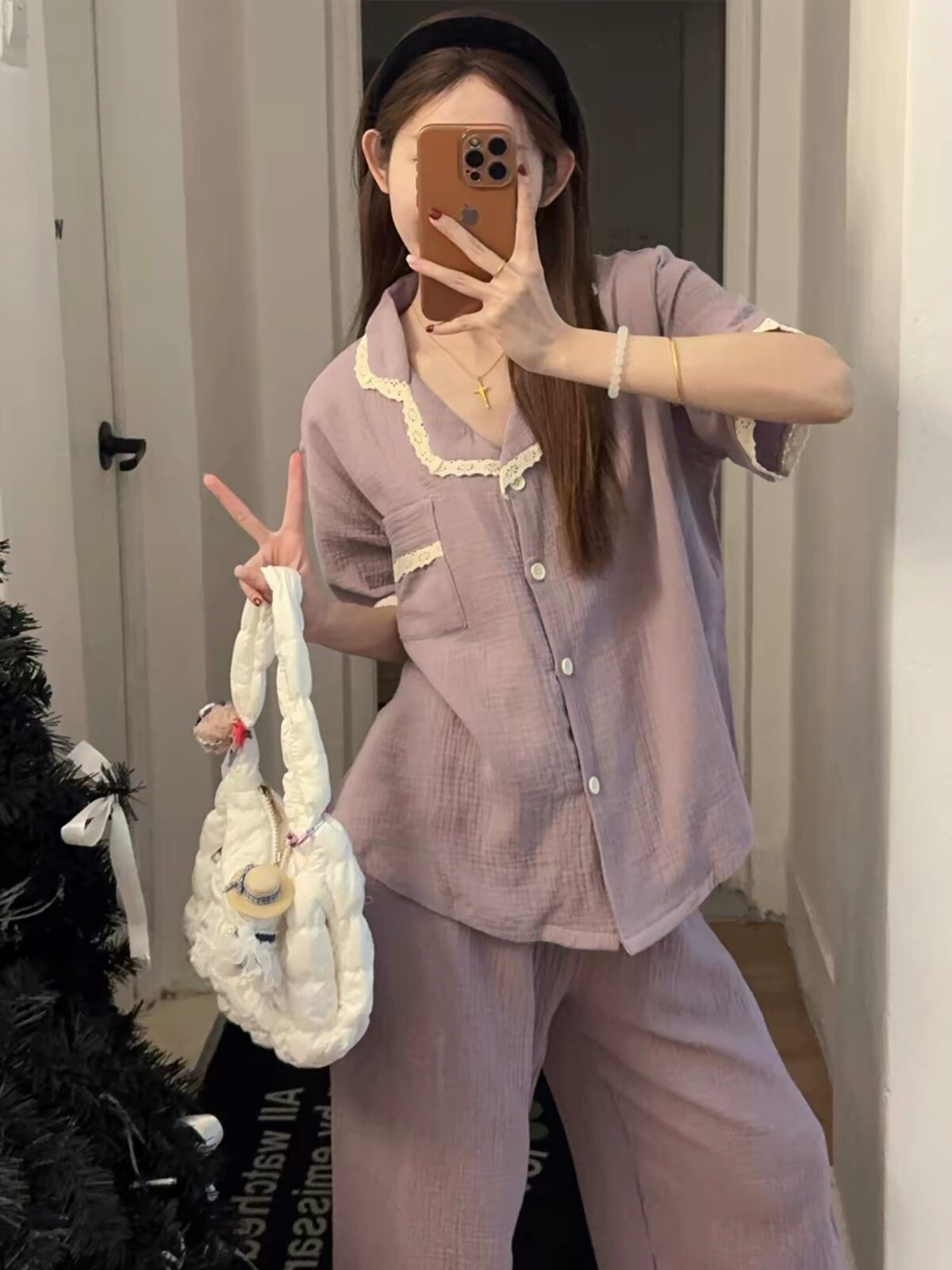 夏天花边纯色睡衣女款夏季纯棉纱布短袖长裤少女春秋款家居服套装
