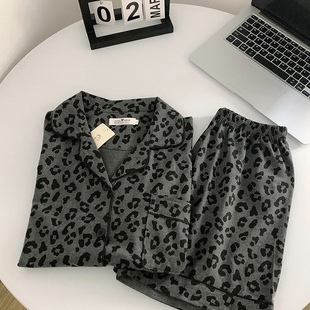 2026年新款睡衣女夏季纯棉短袖短裤深灰豹纹高级感夏天家居服套装