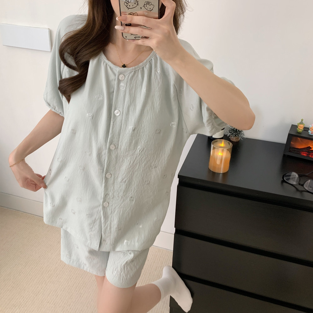 夏季薄款可爱kitty圆领睡衣三件套女甜美风烫钻卡通猫家居服春秋