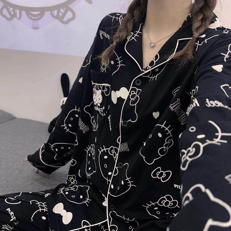 2025年新款卡通可爱睡衣少女纯棉印花KT猫长袖长裤家居服套装薄款