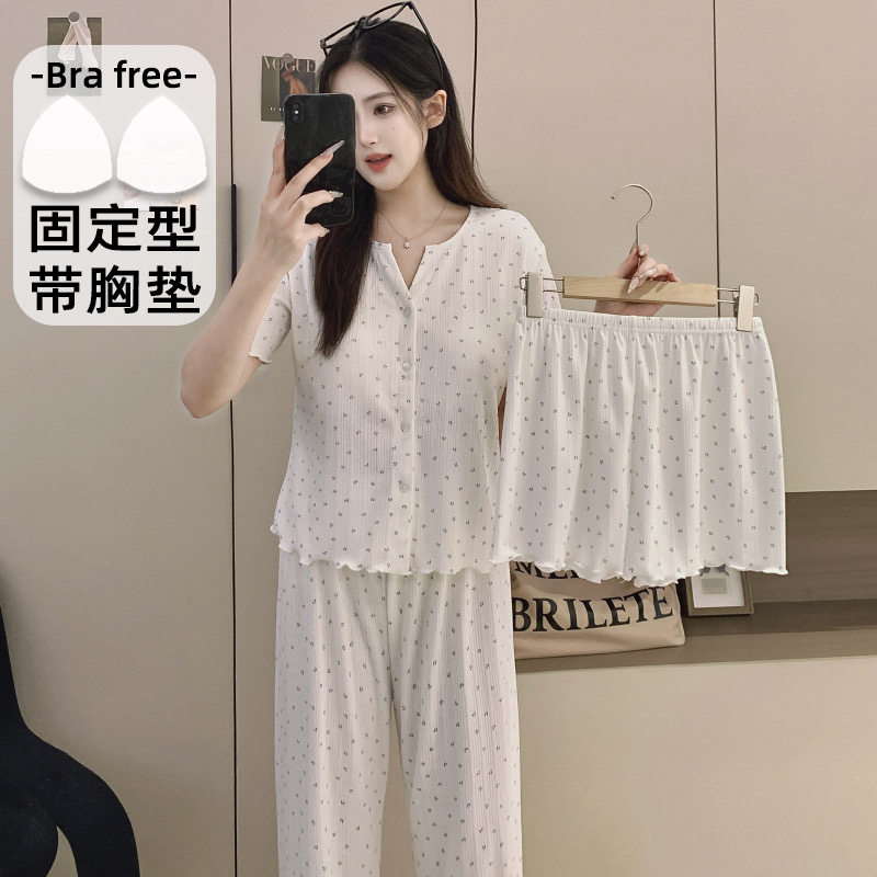 带胸垫睡衣女款纯棉夏季短袖短裤文胸一体三件套家居服套装薄款