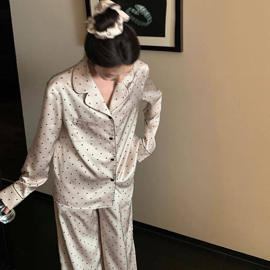 波点冰雪丝睡衣女士春秋季款长袖薄款2025新款高级感真丝绸家居服