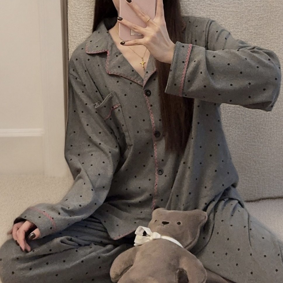 日系灰色波点德绒睡衣女秋冬季加厚保暖学生休闲两件套家居服套装