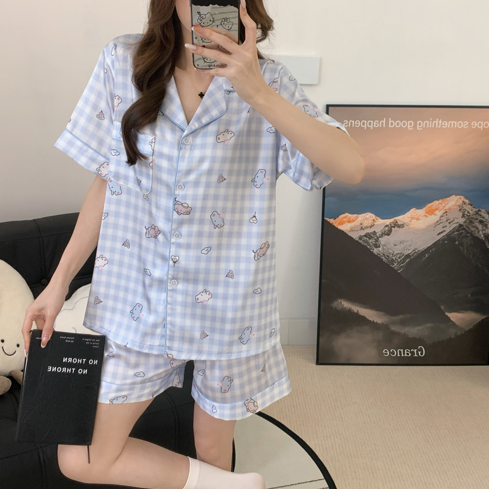 冰雪丝睡衣女夏2026年新款两件套冰丝短袖卡通可爱大码家居服套装