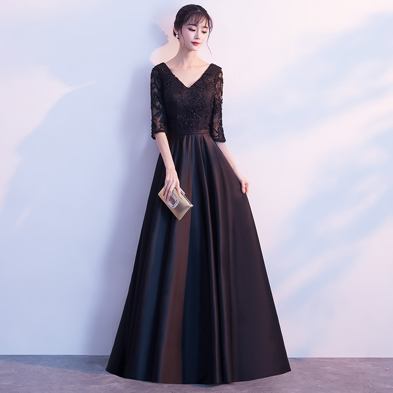 黑色丝绒晚礼服裙女高级感