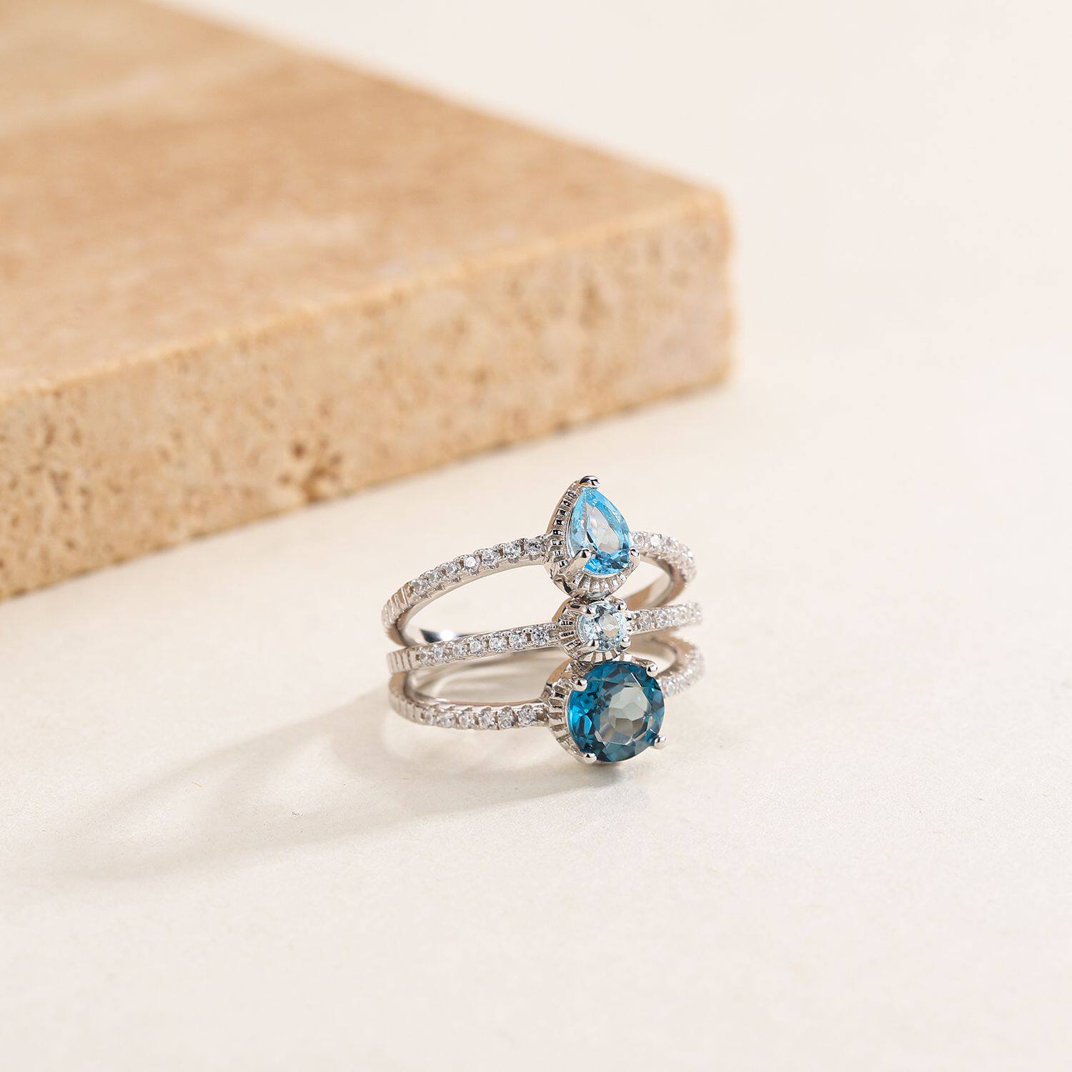 简约小清新S925银欧美风轻奢个性小众高颜值天然彩宝纯银叠戴戒指