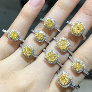 瑞和珠宝天然黄钻戒指1克拉18K金枕形彩钻女戒群镶钻石指环可定制