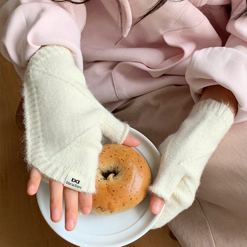 韩版百搭秋冬季毛线手套女半指保暖手臂针织露指打字学生个性袖套